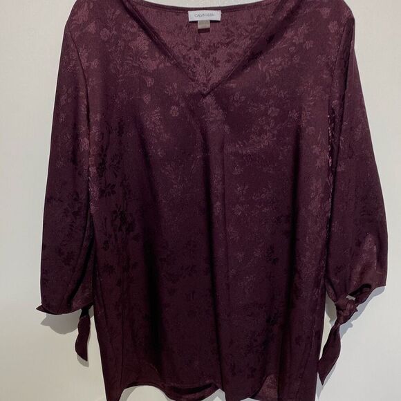 Calvin Klein Women's Maroon Floral Jacquard V-Neck 3/4 Sleeve Blouse Size Large - Picture 1 of 11